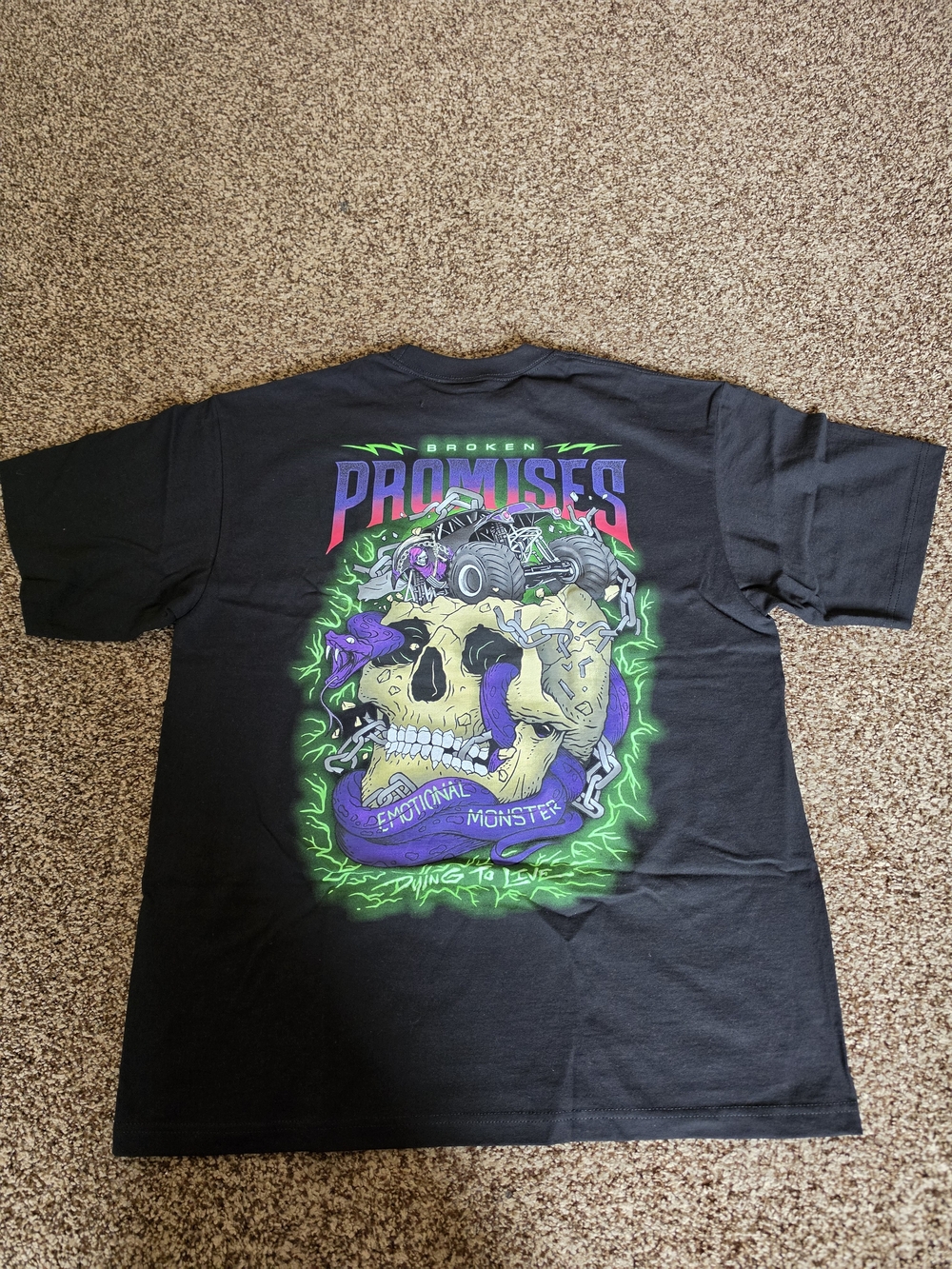 Broken Promises Skull Crusher Black Graphic Cotton T-Shirt Men's XL Y2K